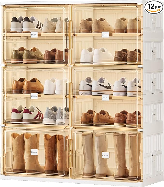 JEKO&JEKO 5 Tiers Foldable Boot and Shoe Storage Rack Cabinet for Closet Entryway, Large Collapsible Shoe Organizer with Magnetic Doors (White)