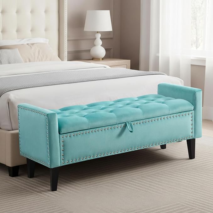 47in Velvet Storage Ottoman Bench with Arms, Upholstered Storage Bench with Wooden Legs, Storage Bench for Bedroom, Living Room, Entryway, Teal