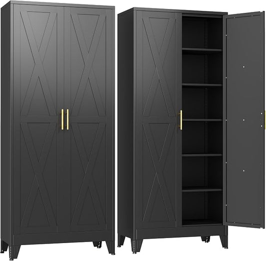 GAIOUS 74.8" Tall Kitchen Pantry Cabinet, Metal File Storage Cabinet Black | Steel Office Cabinet, Freestanding Cupboard with 2 Doors and 5 Adjustable Shelves, Bathroom Kitchen Home Garage Tool Cabinet