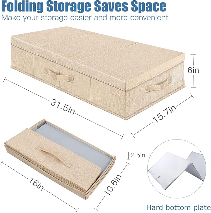 Supowin 2Pack Large Underbed Storage Containers Bin with Lids, Khaki | 6 Inches Tall Under Bed Storage Organizer Box with Handles, Foldable Closet Organizer for Clothes, Blankets, Seasonal Items