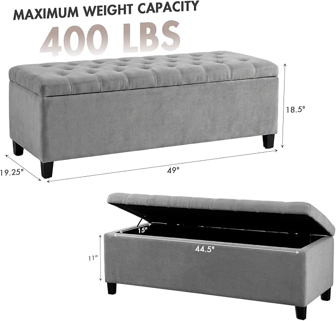 Madison Park 49" Upholstered Storage Bench, Button Tufted End of Bed Bench with Storage, Dual Spring Soft-Close Lid, Bedroom Bench for Queen King Bed, Entryway Living Room, Grey