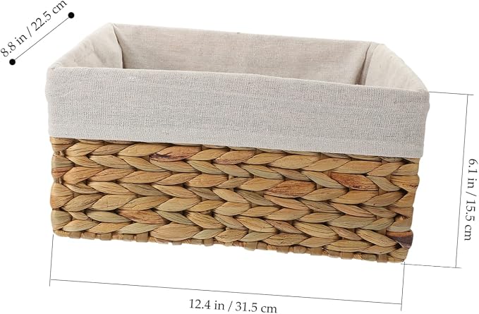 Woven Storage Basket Straw and Fabric Shelf Basket for Books | Desk Top Use, Magazine Holder, Strong Build, Simple Elegant Rustic Look, Home Organizing Accent Piece