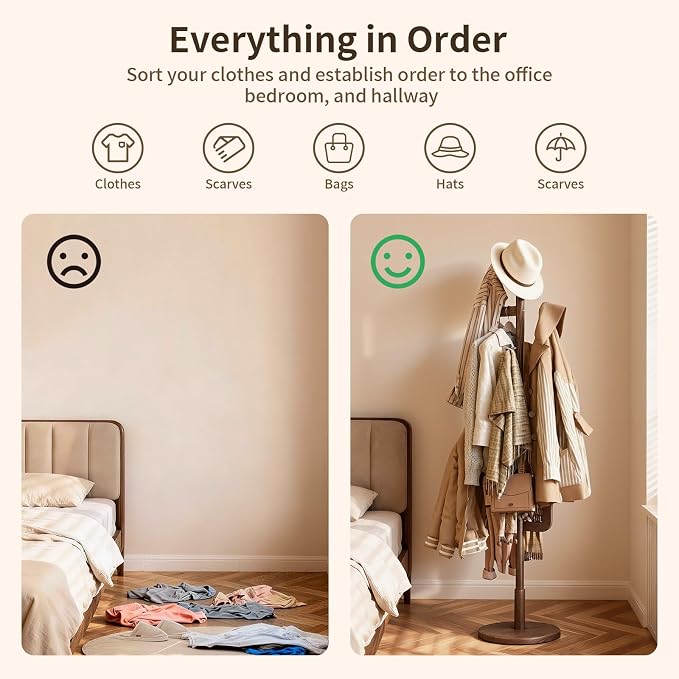 Coat Rack,Solid Wood Cactus Freestanding Coat RackWith 6 L-Shaped Hooks and 3 Adjustable Sizes,Coat Tree for Bedroom, Entryway, Livingroom, Coat Hanger Stand for Coats, Handbags (Walnut)