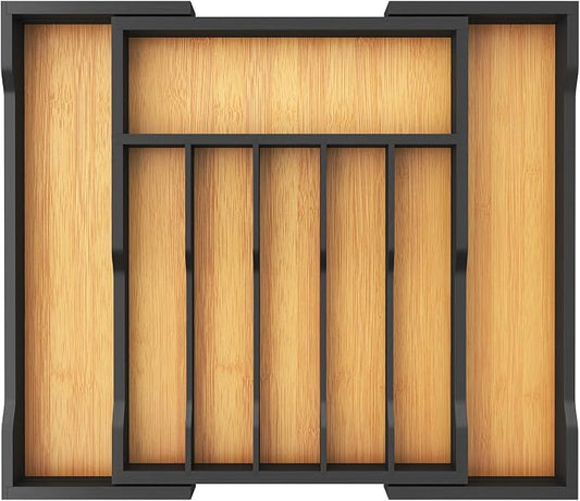 Lifewit Silverware Drawer Organizer, Wooden Utensil Tray for Kitchen | Expandable Flatware and Cutlery Holder, Adjustable Storage for Spoons Forks Knives, 13-22x15", Natural and Black