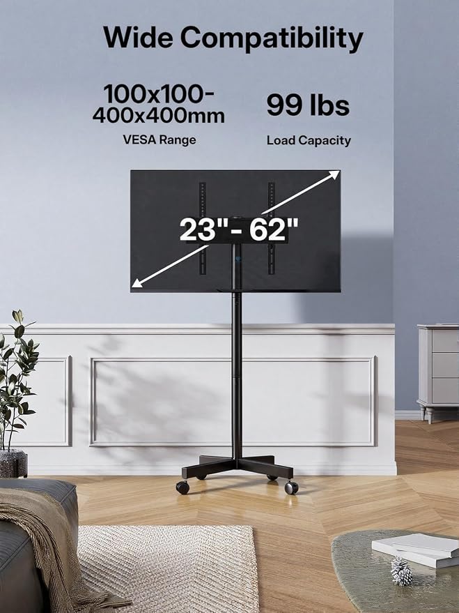 PERLESMITH Rolling TV Stand for 23–62 Inch TVs, Outdoor Mobile TV Cart Holds up to 99 lbs, Portable TV Stand on Wheels for Bedroom and Living Room, Max VESA 400x400mm, PSTVMC04B-B