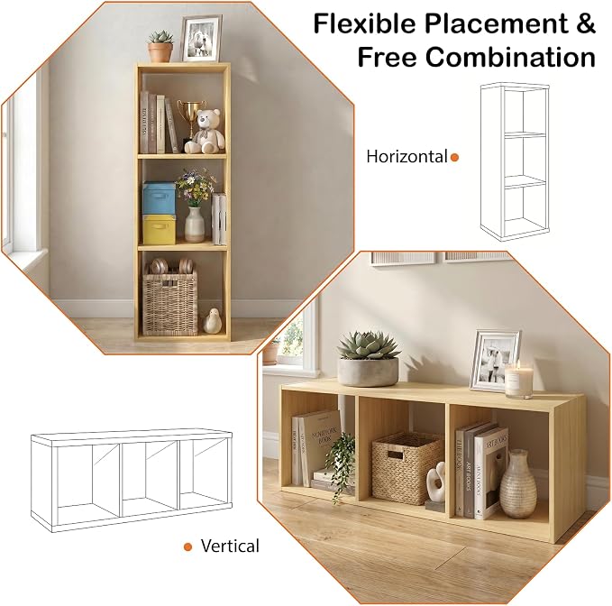 WannabeMyself【Sturdy Build&Easy Assembly】3 Cube Storage Organizer with Anti-Tipping Kits,Reversible Open Back Book Shelf, Bookcase for Living Room,Bedroom,Entrance Hall,Office,12.2×11.4×35.9,Oak Color