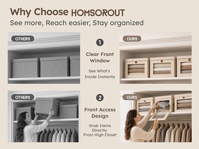 Homsorout Collapsible Storage Bins - Large Closet Organizer with Handles & Window, Decorative Storage Boxes, Fabric Containers for Living Room, Dorm, 4 Pack, Beige