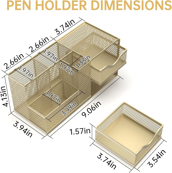 Mesh Desk Organizer with 2 Drawers, Metal Pen Holder for Desk, Gold | Versatile Storage for Pens, Notes, Clips, Desk Accessories and Office Supplies for School Office Classroom