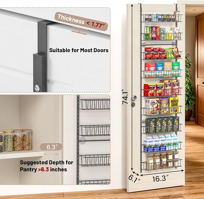 ElegantArray 9-Tier Pantry Door Organizer, Deep Gray | Over The Door Pantry Organizer Rack and Storage, Hanging Spice Rack Shelves Door, Home Office Laundry Room Bathroom & Kitchen