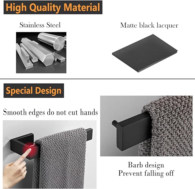 JOPOFI 2-Piece Hand Towel Holder, Towel Ring - Matte Black | Stainless Steel Towel Holder for Bathroom wall, 8" Rectangular Modern Design Hand Towel Bar, Contemporary Hand Towel Rack