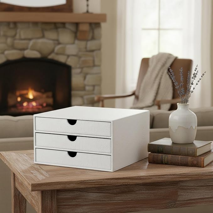 UnionBasic Document Organizer, 3-Drawer File Cabinet Document Storage Box, Office Desktop Filing Organizer, Croco White