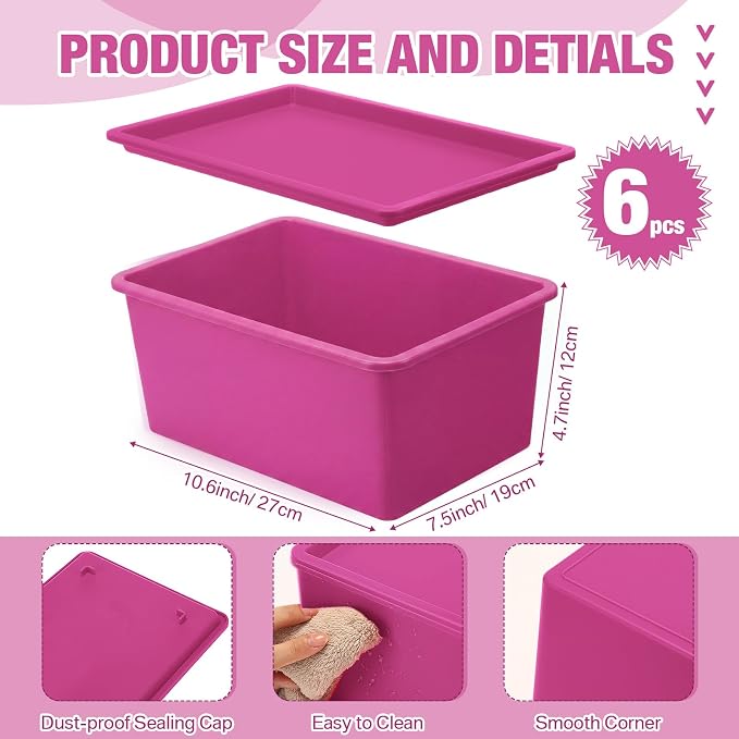 6 Pcs Storage Bins with Lids Small Plastic Storage Containers Stackable Storing Baskets Box Cute Organizer Bins for Organizing Shelves (Pink Series)