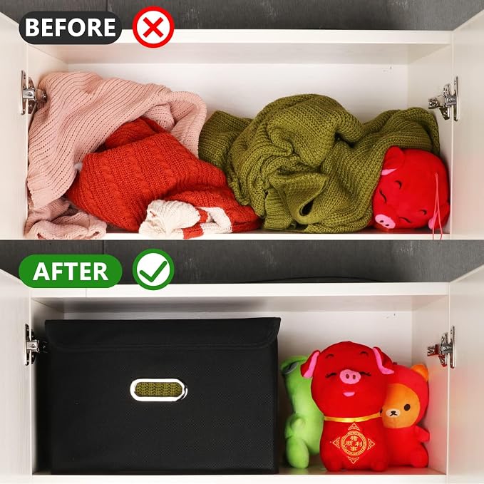 8-Pack Large Collapsible Storage Bins with Lids,Fabric Storage Cubes Organizer for Shelves,Closet,Nursery,Foldable Cube Storage Baskets with Handles,Home Boxes (14.9"x9.8",Black)