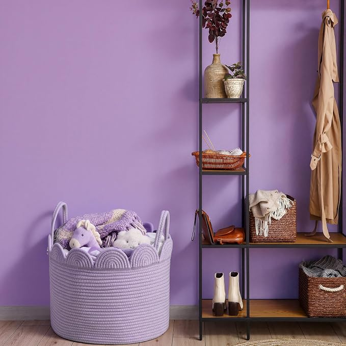 LemonRoad Lavendor Purple Round Basket Large Blanket Basket 16'' x 14" Scalloped Woven Baskets Cotton Storage Baskets for Nursery Classroom Closet Blankets Storage Home Decor