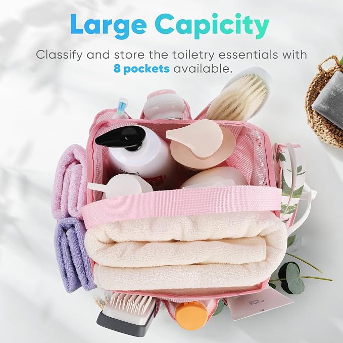 EUDELE Mesh Shower Caddy Portable for College Dorm Room Essentials,Portable Shower Caddy Dorm with 9-Pocket Large Capacity, Shower Bag for Beach, Swimming, Gym, Travel essentials, Pink