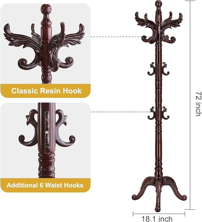 Snaikor Wooden Coat Rack Stand Sturdy Triangle Base, Natural Birch Wood Coat Racks Freestanding, Vintage Solid Wood Coat Tree Stand with 14 Hooks, Classic Sturdy Coat Racks Hall Tree for Entryway