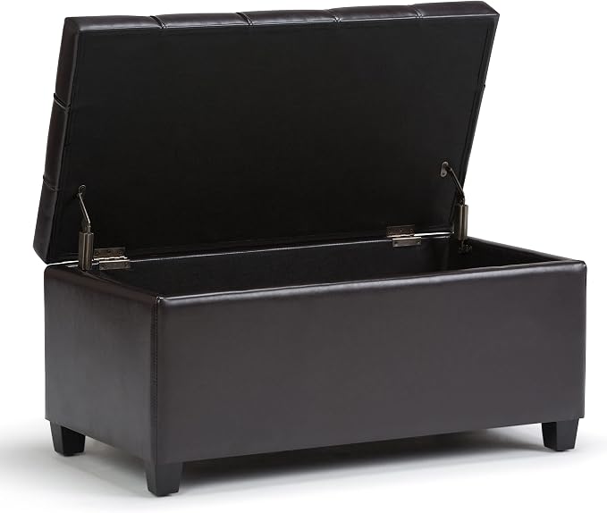 SIMPLIHOME Avalon 35" Wide Vegan Leather Storage Ottoman in Denim Blue | Transitional ottoman with tufting and lift-up lid; rectangle storage bench for living room or entryway.