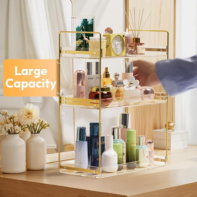 Bathroom Countertop Organizer, 3 Tier Acrylic Tray Vanity Counter Skincare Organizer Shelf, Kitchen Under Sink Standing Rack, Home Storage Holder for Lotion Makeup Cosmetics Perfume Spice, Gold | Kitchen Under Sink Standing Rack, Home Storage Holder fo...