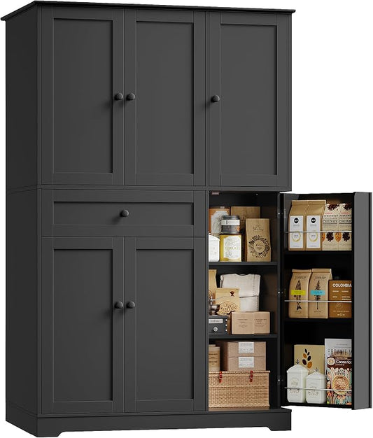 HOSTACK 68" Tall Kitchen Pantry Storage Cabinet with Doors & Shelves, Black | Large Pantry Cabinet with Door Rack, Freestanding Kitchen Storage Cabinet with Drawer, Food Pantry for Dining Living room