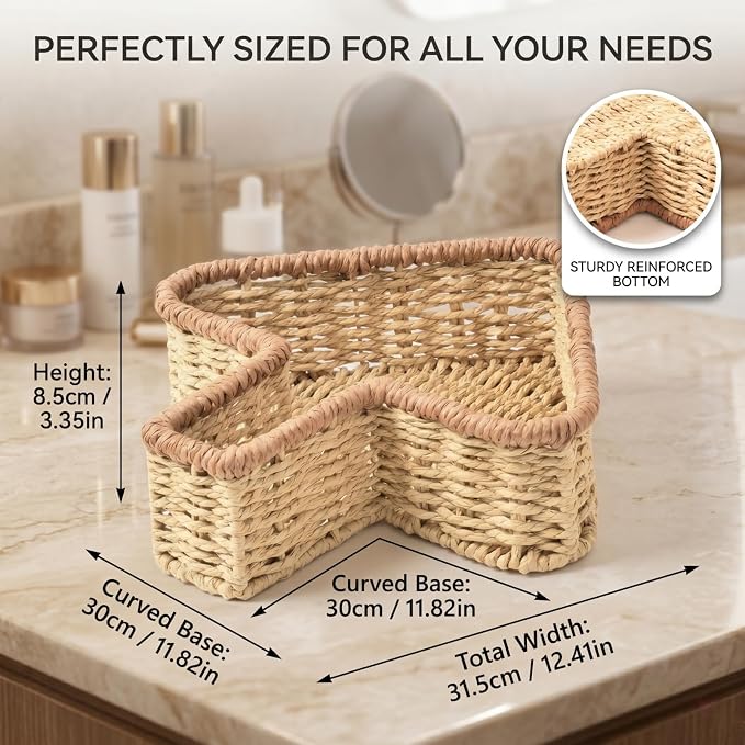 12.4 Inch Wicker Storage Basket - Trapezoid Woven Organizing Caddy for Shelves, Decorative Rattan Bin for Vanity, Kitchen, Bedside Table Essentials