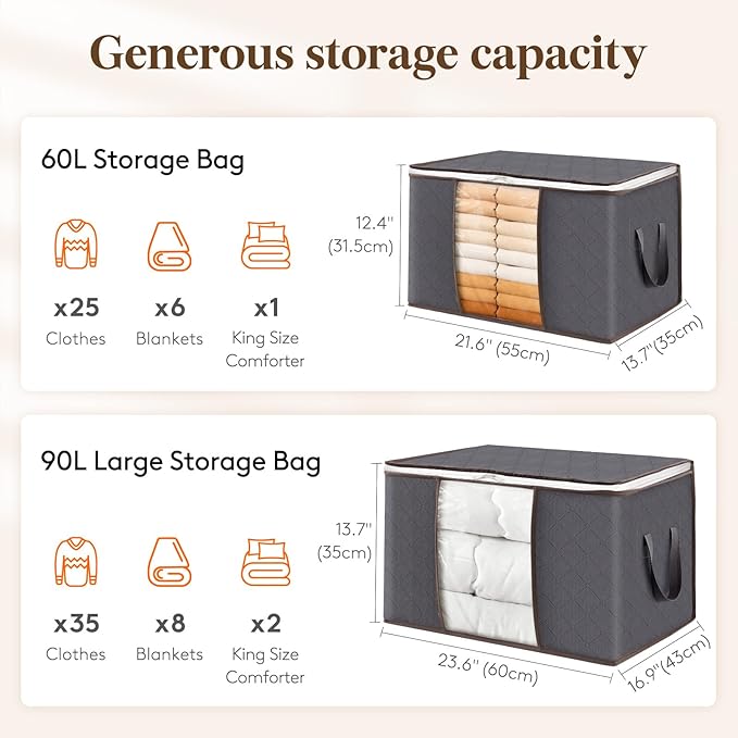 Lifewit 6 Pack Clothes Storage Bins with Lids, Foldable Blanket Storage Bags with Zippers, Clear Window and Reinforced Handles, Closet and Organization for Clothing, Sweater, Comforter, Bedding