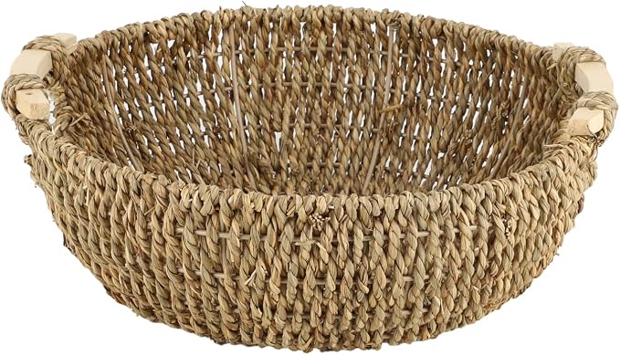 13.39" Seagrass Woven Round Basket with Wooden Handles, Handwoven Bread Basket & Fruit Bowl for Kitchen Counter, Natural Wicker Storage Basket for Bread, Vegetables, Household Organizing