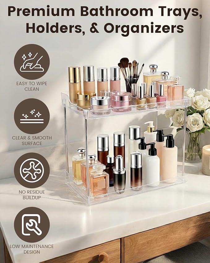 2 Tier Bathroom Counter Organizer, Clear Vanity Shelf Organizer for Skincare & Perfume, Non-Slip Bathroom Counter Shelf for Small Spaces, Bathroom Vanity Organizer Countertop (Rectangular)