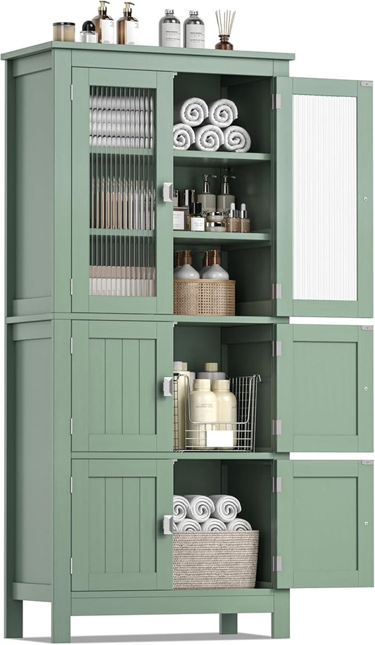 Akxomel 53.1" H Tall Bathroom Storage Cabinet, Bathroom Floor Cabinet with 6 Doors and Adjustable Shlef, Linen Cabinet, Pantry Cabinet for Living Room, Kitchen, Entryway, Green