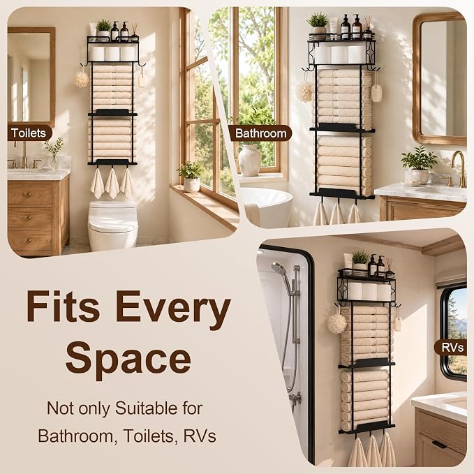 Towel Racks for Bathroom 39.9 Inch Wall Mounted Towel Rack with Shelf, Bathroom Towel Storage Holds 6 Large Rolled Towels, Metal Wall Towel Rack, Black