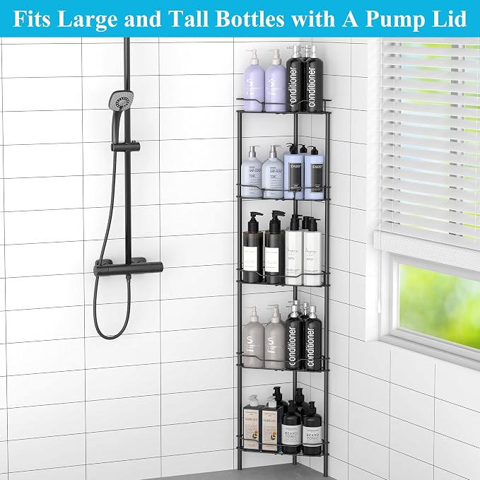 HuggieGems 5 Tier Floor Standing Corner Shower Caddy Organizer Shelf with Hooks, Bathroom Shelves Stand Rack, Matt Black