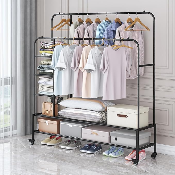 SUOERNUO Clothes Rack with Lockable Wheels Double Rods Metal Garment Racks | Portable Heavy-Duty Clothing Rack with Bottom, Rolling Clothes Shelves for Bedroom Laundry Living Room, Black