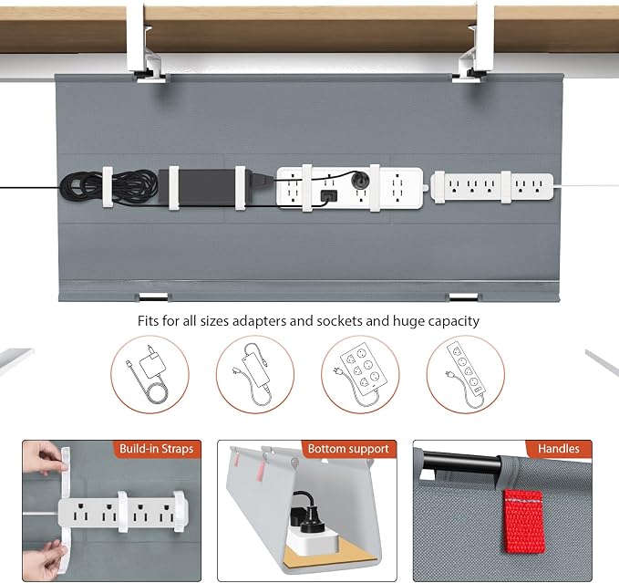 Univivi No Drill Under Desk Cable Management Tray, 36 inch Cable Management | Clamp/Screw Mount Desk Cord Organizer, Premium Fabric Cord Management, Large Capacity Desk Cable Organizer for Office, Home