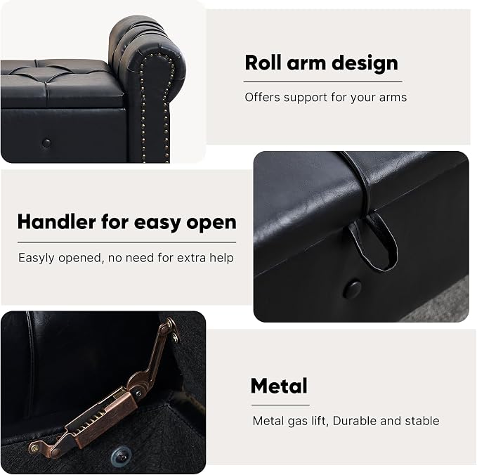 Storage Bench 67" Faux Leather End of Bed Benches Obsidian Black | King Size Storage Bench for Bedroom with Rolled Arms Tufted Ottoman Benches Upholstered Bench for Living Room Entryway