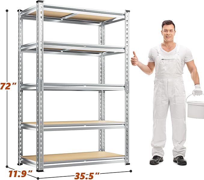 REIBII Garage Shelving, 5 Tier Storage Shelves Load 2400LBS, Adjustable Garage Shelving Heavy Duty, Metal Shelves Unit with Waterproof Columns, 35.5" W x 11.9" D x 72" H, Galvanized, 2 Pack