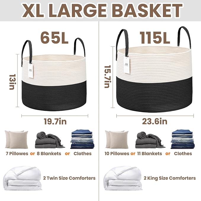 JMvicyroam 115L Extra Large Machine Washable Cotton Rope Blanket Basket | Collapsible laundry hamper, Reinforced handles, For blankets, pillows, toys and clothes, Living room and bedroom, White&Black