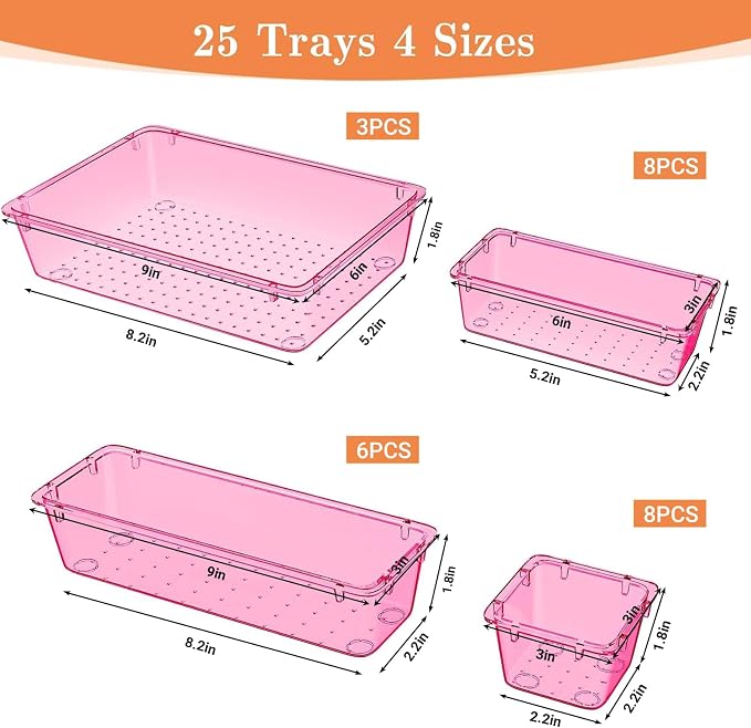 SpaceHacks 25 PCS Plastic Drawer Organizer Set, 4-Size Versatile Organizer Trays & storage Bins for Makeup, Jewelry, and Gadgets in Bathroom, Bedroom and Office, Clear Pink