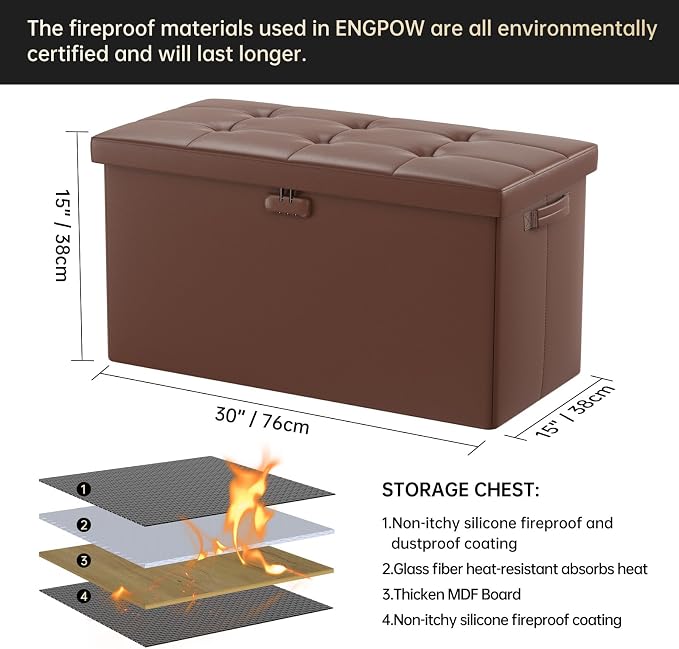ENGPOW Storage Ottoman Bench,Fireproof Folding Bench with Lock,30 Inches Fire＆Water Resistant Storage Chest Foot Rest Stool Leather Bedroom Bench with Storage Safe for Document,Valuables, Brown