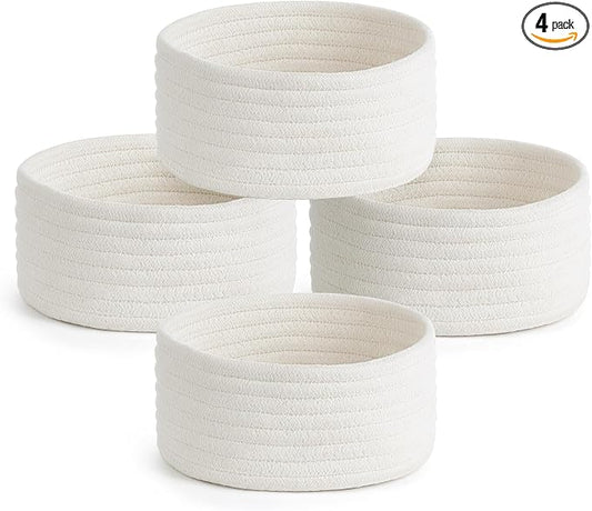 Dahey 4 Pcs Small Woven Baskets Set, Mini Cotton Rope Storage Bins for Organizing, Cute Tiny Round Decorative Baskets for Gifts, Living Room Bathroom Home Decor, 7.09"W x 3.15"H, White