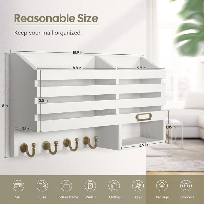 FifthQuarter Mail Holder for Wall with 2 Mail Shelf and 4 Sturdy Key Hooks | Wooden Entryway Organizer and Decorative, Easy Installation