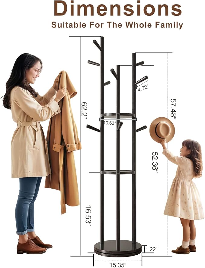 Muwuele Solid Wood Rotary Coat Rack, Freestanding Coat Rack with 3 Shelves and 9 Hooks, Coat tree for Bedroom, Entryway, Livingroom, Coat Hanger Stand for Coats, Scarves, Handbags (Black)