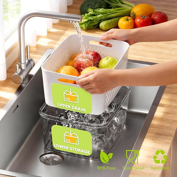 HOMETALL 8 Pack Fruit Storage Containers for Fridge, Produce Containers for Fridge with Colander, Leakproof Fridge Organizers and Storage for Berry Vegetable Salad Lettuce Meat Food