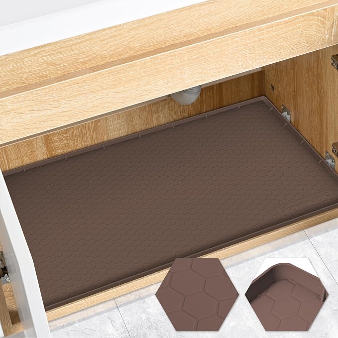 Silicone Under Sink Mat, 28"x22", Waterproof Cabinet Liner, Brown | Shelf Liner, Cabinet Protector, Home Organizer, for Kitchen, Bathroom, Multipurpose, Leak Proof, Easy Clean, Drip Tray, Clean