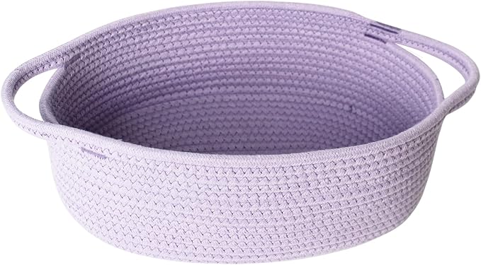 MEGASKET Purple Small Woven Basket, 13” x 9” x 5” Baskets for Gifts Empty, Cotton Rope Gift Basket, Cute Nursery Baby Organizer, Cat Dog Toy Box, Oval Wicker Storage Bin with Handle