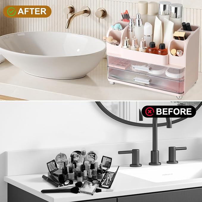 Large Makeup Organizer Countertop with Drawers, Make Up Organizer for Vanity, Makeup Storage Organizer Countertop Makeup Organizers for Skincare, Pink