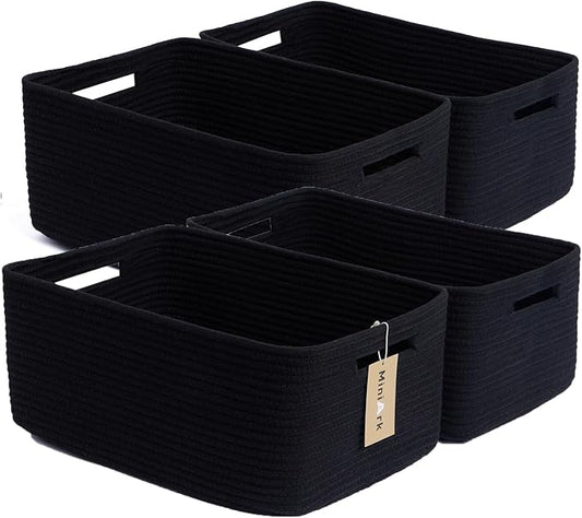 MiniArk Large Storage Baskets for Organizing, 17 x 13 x 7.5” Closet Shelf Baskets for Clothes Blanket Towels, Baby Nursery, Toy Bins Box, Woven Rope Baskets, 4 Packs Black