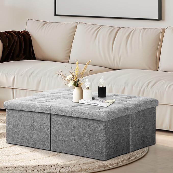 AmasSmile Footrest Ottoman Storage Bench, 34" Linen Folding Stool, Gray | Large Ottoman with Storage, Thicker Foam Padded Seat, Livingroom, Dorm, Bedroom, Entryway, Easy to install,34 x 13 x 13in