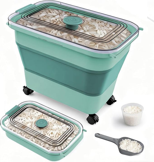 Rice Storage Container, Collapsible Airtight Food Storage Containers 20-30lbs with Clear Lid and Wheels, Rice Dispenser with Scoop for Flour Cereal Pasta Grain, Cat Pet Bird Dog Food Storage Container