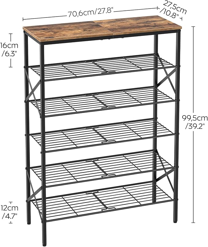 YATINEY 6-Tier Shoe Rack, Shoe Storage Organizer for Closet, Free Standing Shoe Organizer with Metal Mesh Shelves, 24 Pairs of Shoes, Rustic Brown and Black SS06BR