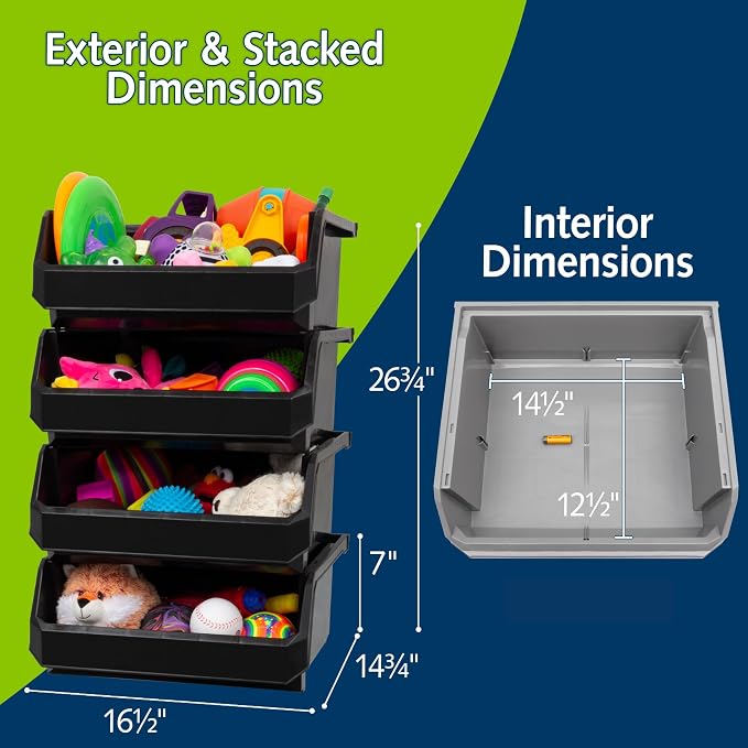 ReadySpace Extra Large Plastic Storage Bins, Stackable Organizer Containers for Closet Pantry Shelf Garage and Office Organization, Black, 4 Pack | Open-Front Stackable Bins For Garage, Pantry, Closet & Office, 14,8"L X 16,5"W X 7"H, Nests When Empty, ...