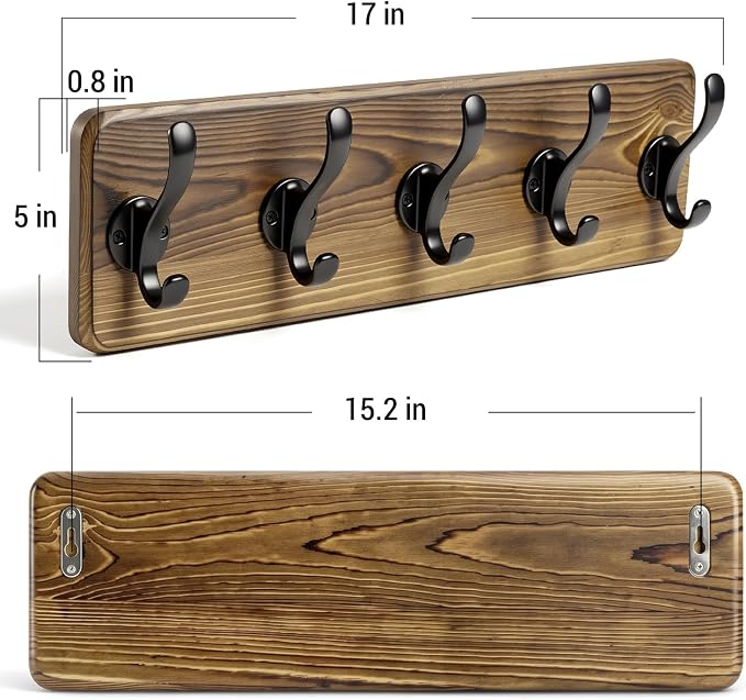 17" Coat Rack Wall Mount with 5 Metal Hooks, Rustic Wall Mounted Coat Rack | Pine Solid Wood Coat Hook Hanger - Wall Coat for Hanging Clothes Key Robes Towels Coats